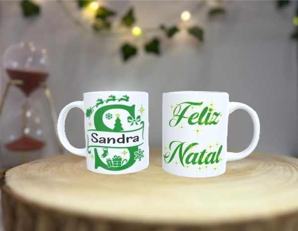 🎄 Caneca de Natal Personalizável com Inicial 🎄